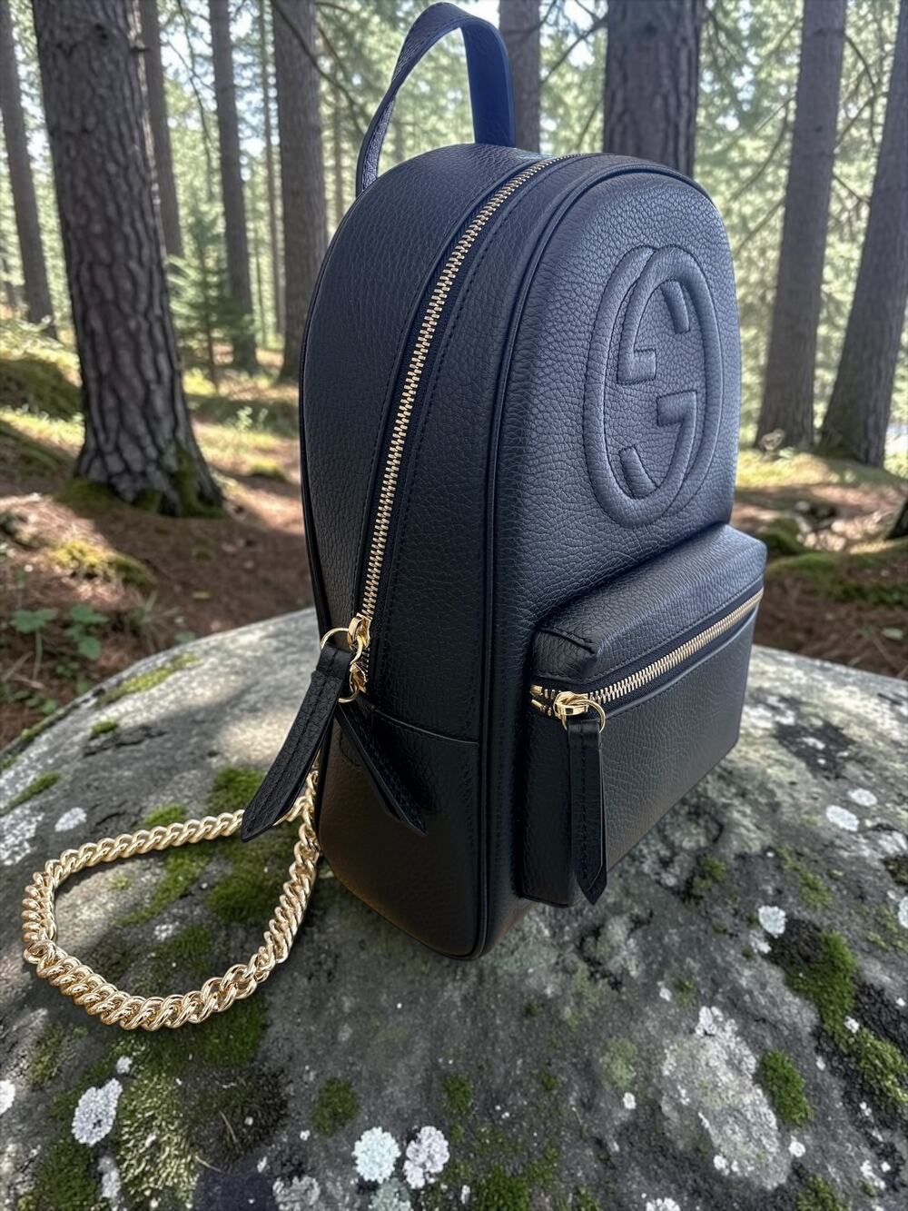 Gucci Black Leather Backpack Gold Chain Strap Embossed Logo Vintage Style